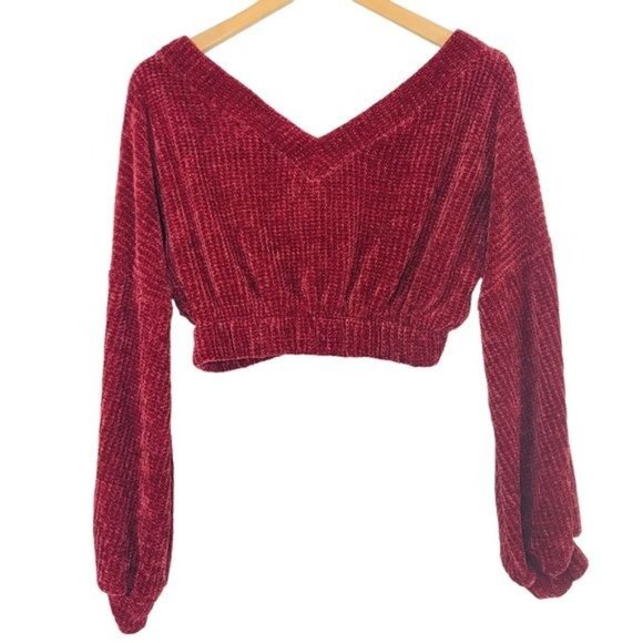 SPRING HAZE Burgundy Chenille Cropped Balloon Sleeve Sweater Top Size Small - Picture 4 of 12